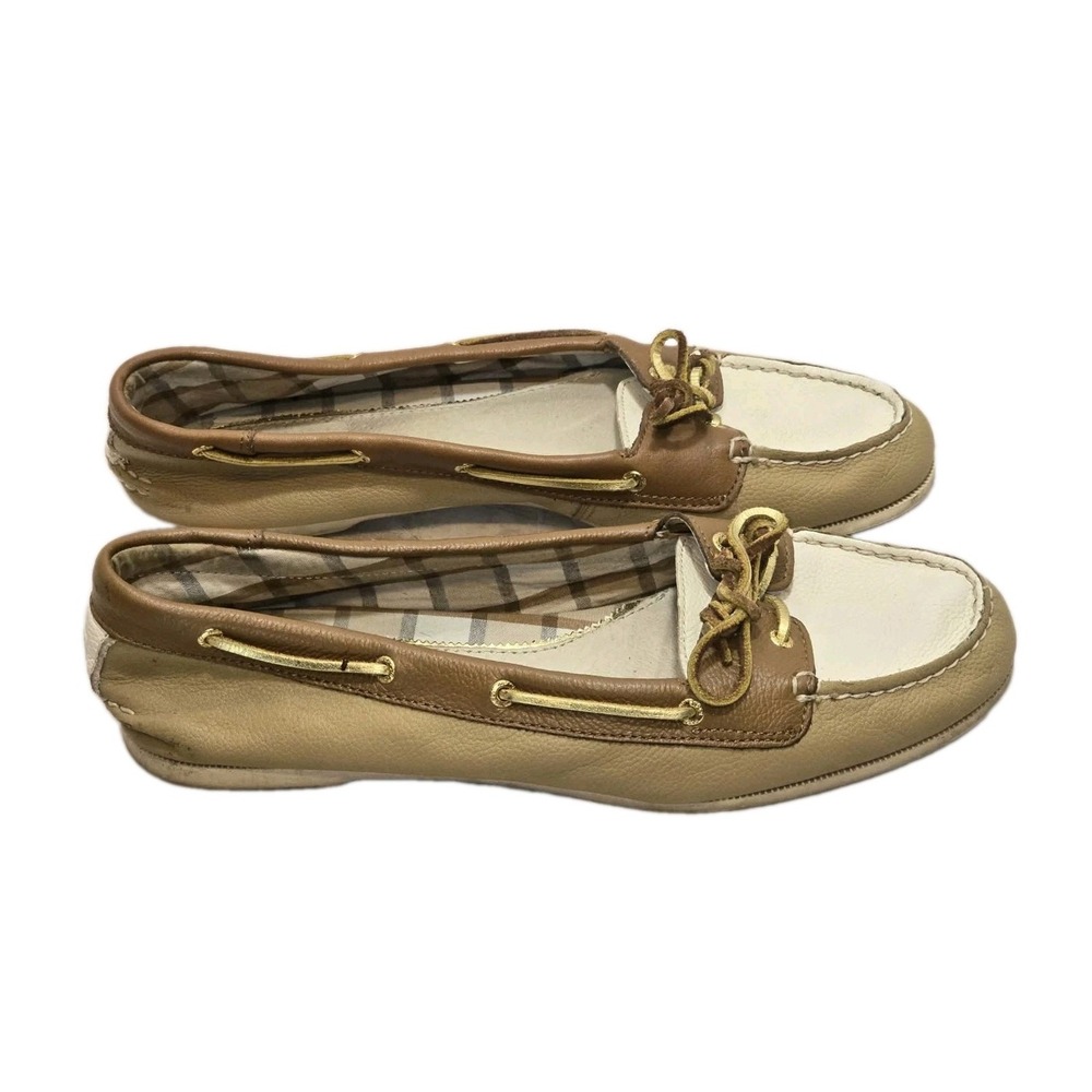 Sperry Top-Sider Boat Shoes Women's 10M Tan Cream Leather Plaid Lining - Picture 2 of 8